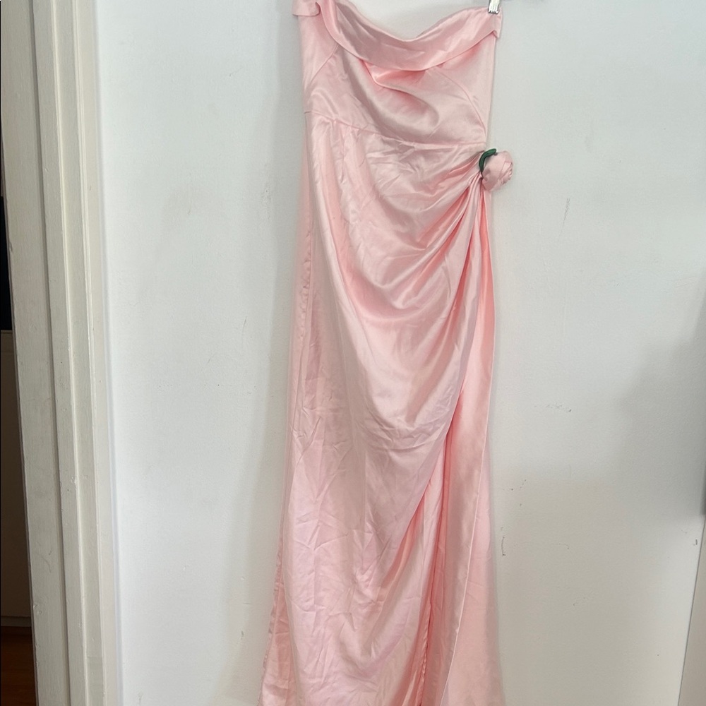 Barbie Soft Pink Satin Draped Maxi Dress with Rosette Detail